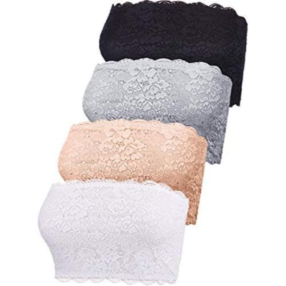 Women Lace Bandeau Bra 4 Pack Seamless Strapless Breathable Support